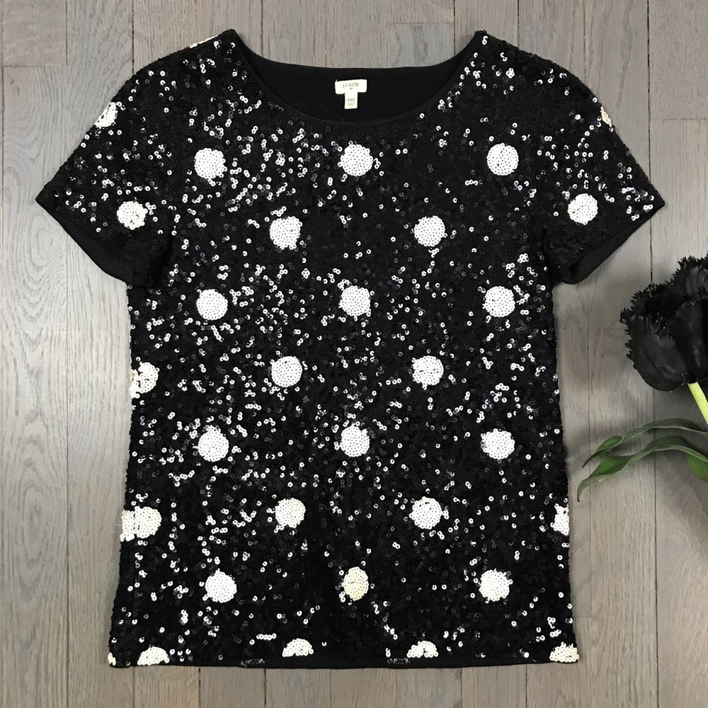 J.Crew Factory Black White Sequin Short Sleeve Top